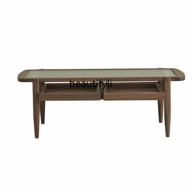 

North America Black Walnut Wooden Tea Table Solid Wood Glass Tea Table Storage Tea Table Nordic Living Room