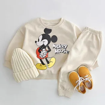 Mickey Mouse Printed Sweatshirts Sets Child New Style O-neck Hoodies +Trousers Baby Boys Casual Fashion Cartoon Gray Tracksuits 1