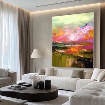 Pittura a olio moderna dipinta a mano con linee astratte su tela - Arte creativa da parete con linee blu per l'arredamento del soggiorno