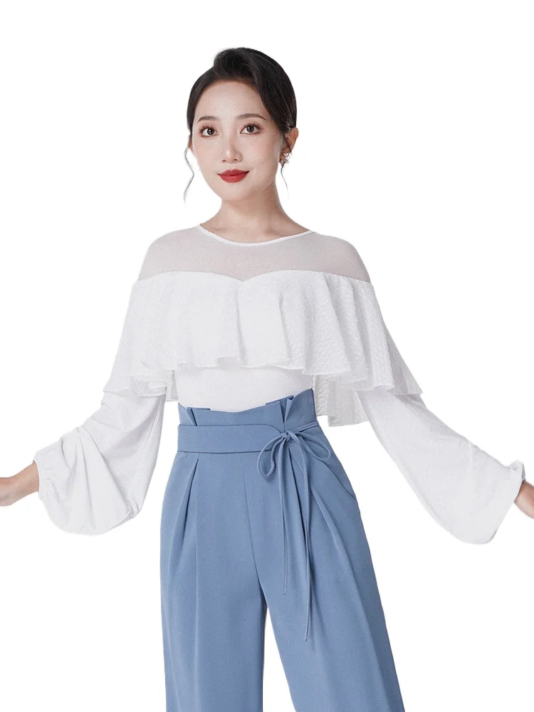 

2023 женское бальное трико для латиноамериканских танцев с длинными рукавами, профессиональный тренировочный топ для вальса F1103