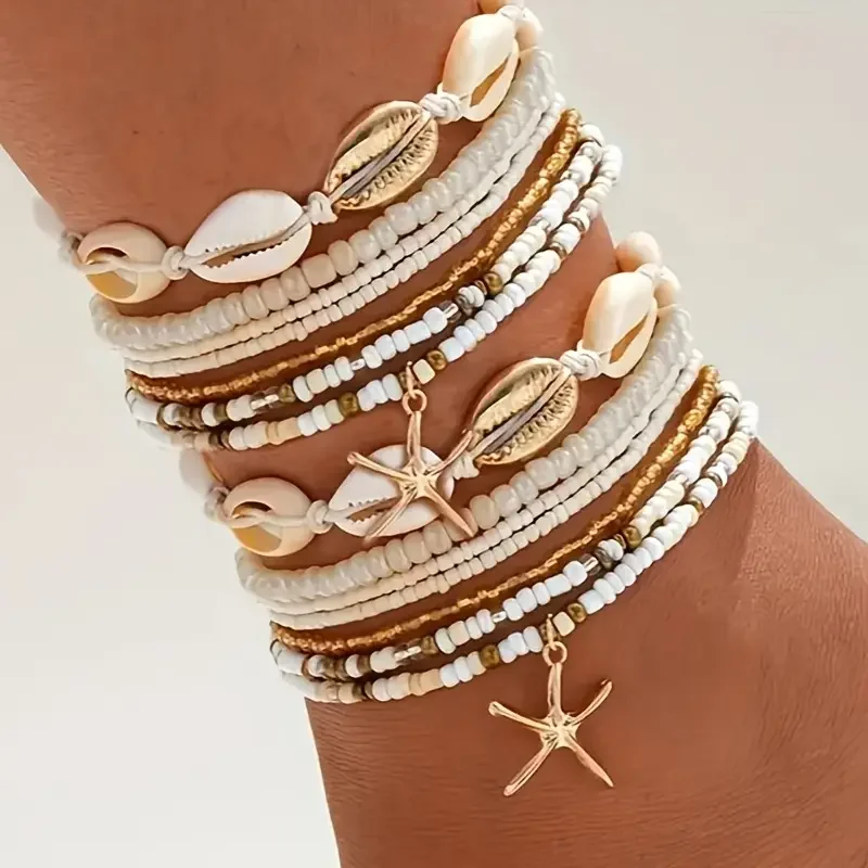 7/14pcs Bohemian Beaded Anklet Set for Women Summer Starfish Shell Charms Multi-Layer Beach Foot Bracelets Daily Wear Jewelry