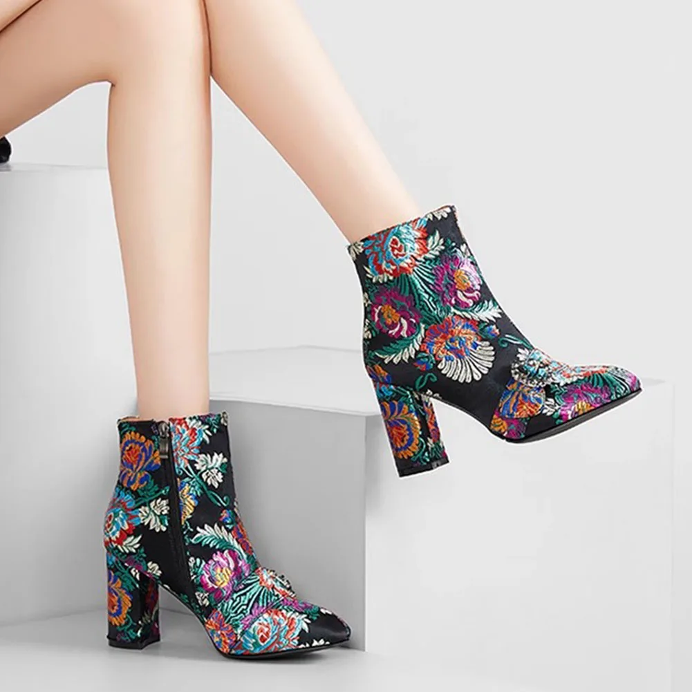 Big Size 43 Brand New Ladies Ankle Boots Fashion Zip Buckle Embroider Thick High Heels women's Boots Party Sexy Woman Shoes