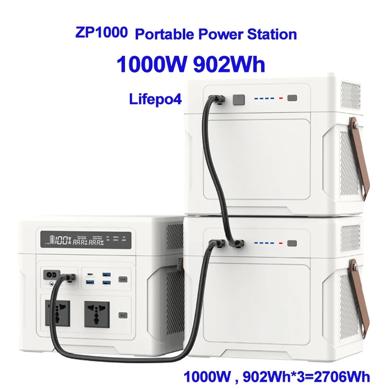 902Wh/1804Wh/2706Wh 1000W Portable Power Station with LiFePo4 Battery Parallel E