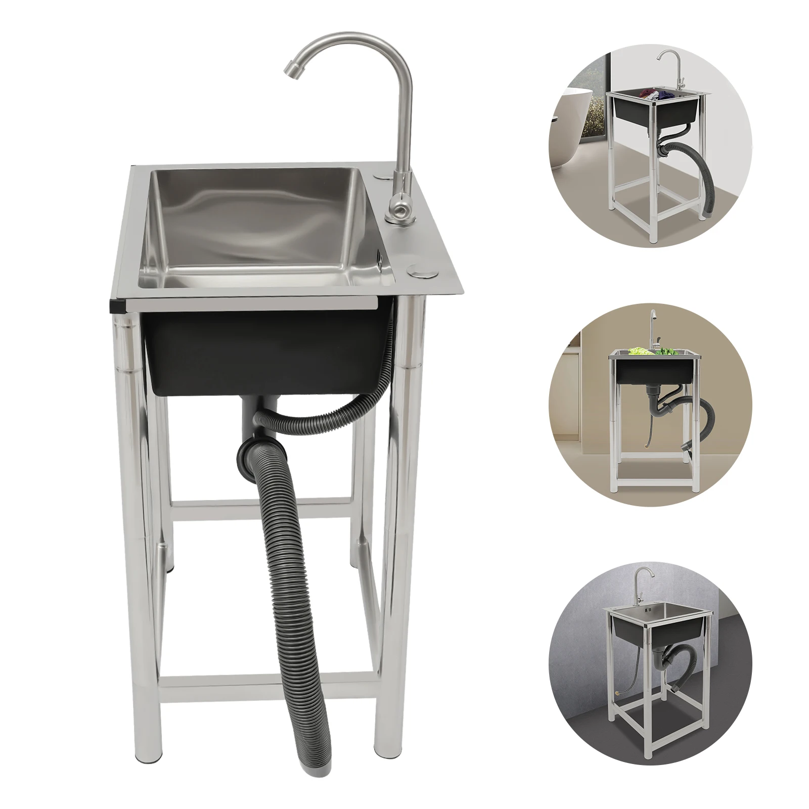 Single Bowl Commercial Sink,Free Standing Sink, Stainless Steel Restaurant Kitchen Cleaning Sink with 360° Rotatable Faucet