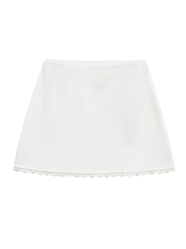TFMLN 2025 Women's New Mini Skirt Set Summer White Sleeveless Knitted Tank Top Skirt Chic Faux Pearl Decoration Stylish Suit