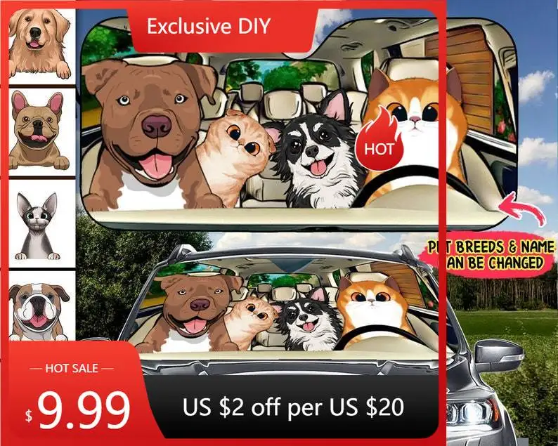 

Personalized Driving Dogs and Cats Auto Sun Shade, Pet Lover, gift for him, Car Auto Sun Shade, Car Windshield, Car Accessories,
