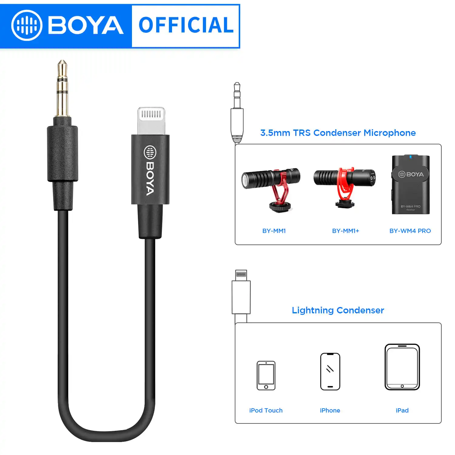 Boya By-K1 3.5Mmtrs (Maschio) A Lightning (Femmina) Adattatore Per Microfono Wireless Certificato Mfi Per Dispositivi Iphone Ios Collegati 20Cm