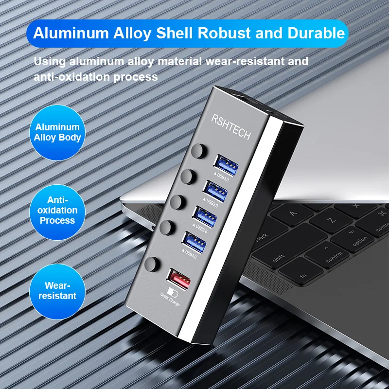 RSHTECH USB Hub 4 Port USB 3.0 Data Hubs 5Gbps Syncing Data Transfer Support Fast Charging Aluminum USB Splitter with Switches 4