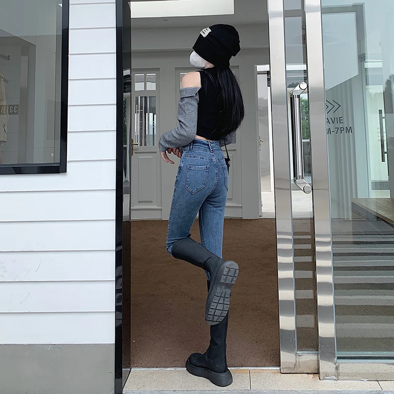 Super Elastic Pencil Jeans Women Skinny Denim Pants Stretch High Waist Slim Trousers Double Button Streetwear Show Thin And Tall