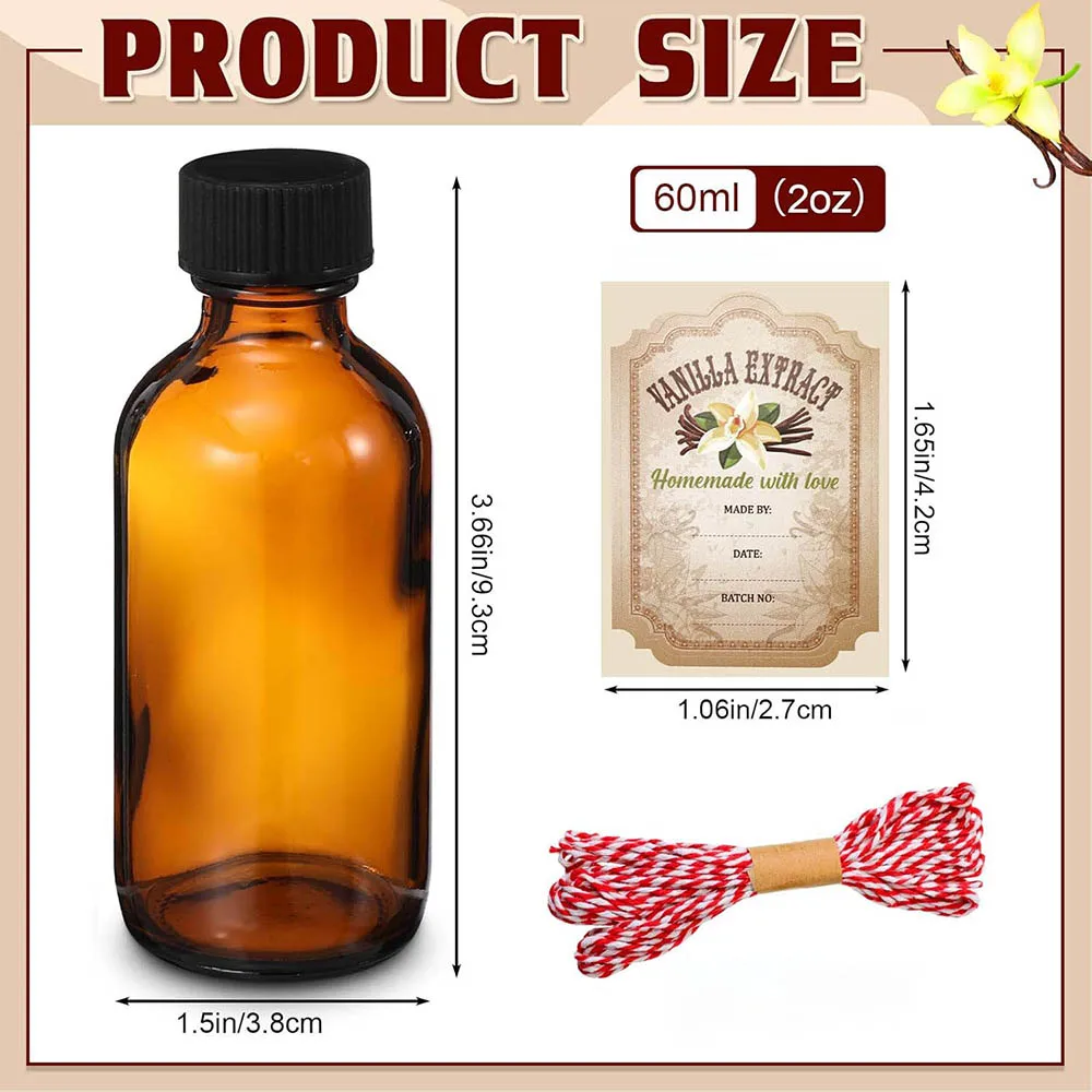 Amber Glass Bottle 2oz Boston Round Bottles with Caps for Vanilla Extract for Homemade Syrup Gift Food Storage Set 2