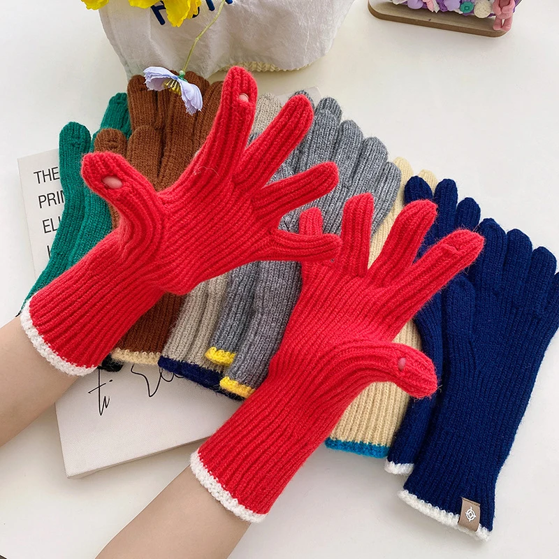 

Winter Gloves Women Touch Screen Knitted Woolen Full Finger Gloves Leak Fingers Pure Color Hand Warmer Gloves Christmas Mittens