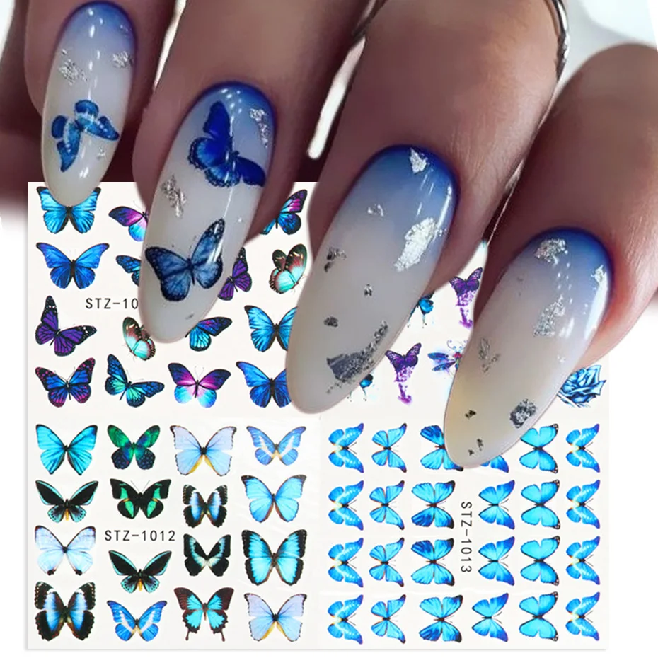 

4pcs/Set Butterfly Nail Stickers Watercolor Blue Flower Manicure Decal Water Transfer Slider Nail Art Decoration NLSTZ1010-1013
