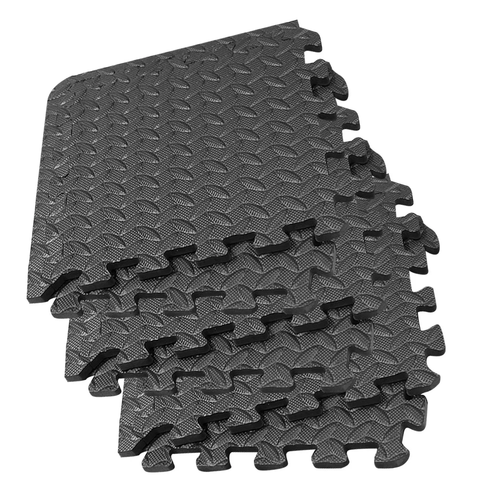 

6pcs Mat Floor Tiles Interlocking Square Leaf Pattern Washable Rug Floor Carpets Puzzle Exercise Mat for Gym Yoga Playroom Black