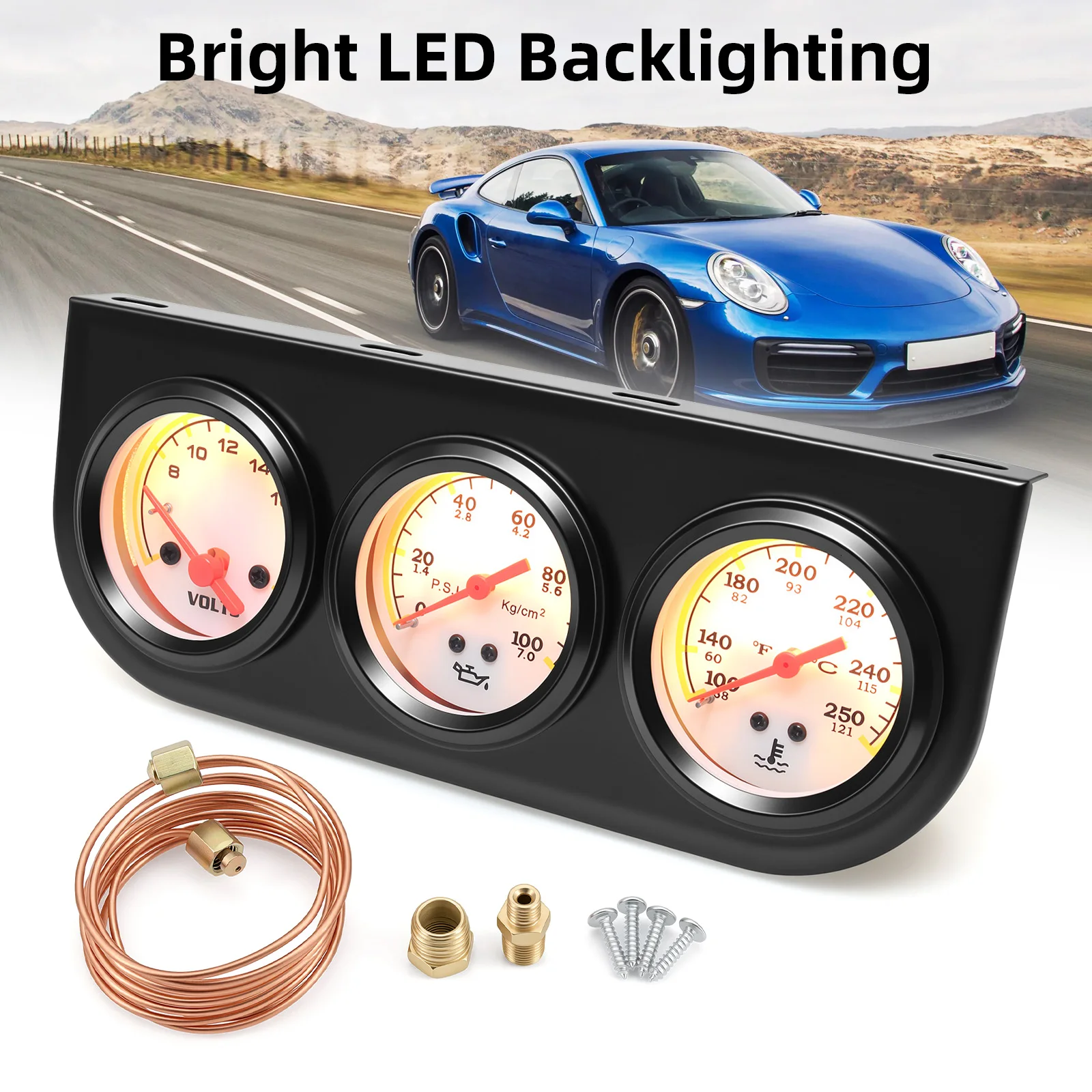 3 in 1 수온계 52MM 오일 압력계 전압계(8-16V) 12V 키트 자동차 기계식 트리플 게이지(센서 21MM 포함)