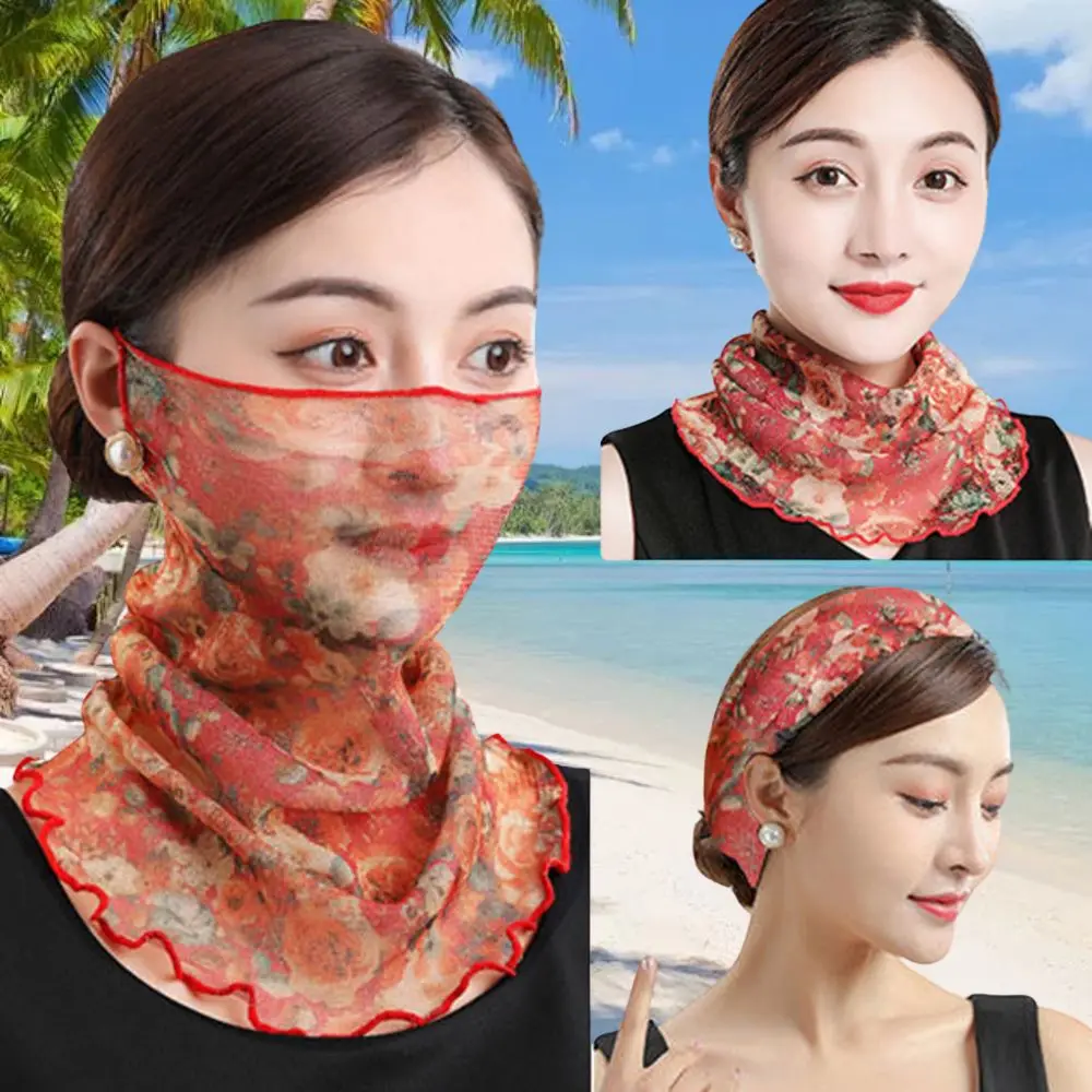 

Floral Print Shiny Lace Scarf Chiffon Neck Collar Scarves Multi-functional Elastic Neck Wrap Driving Cycling UV Protection Mask