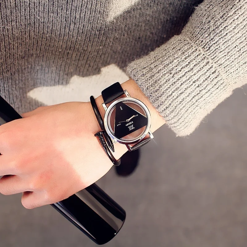 Elegant Triangular Dial Women's Quartz Leather Wristwatch