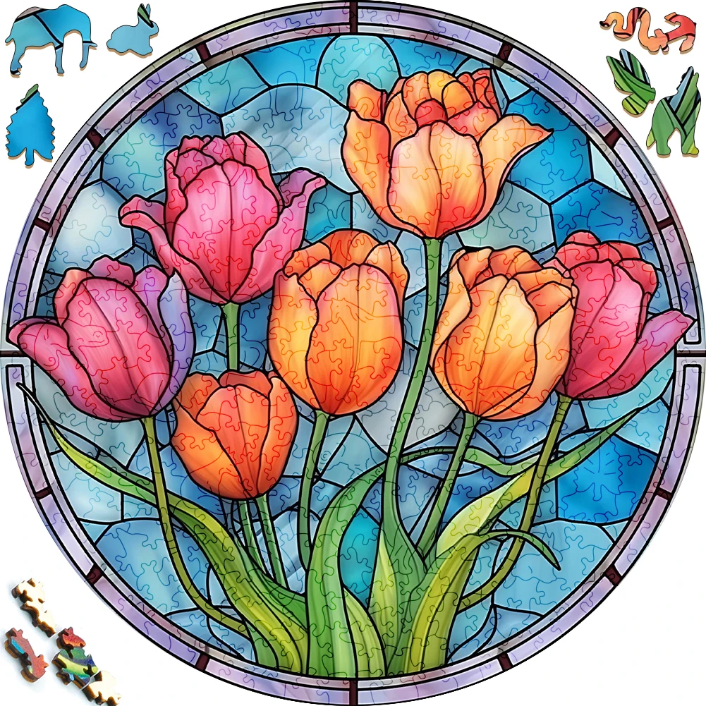 Painted Flowers Tulips Wooden Puzzle For Adults Wooden Crafts Colorful And Round Shaped Puzzle Wood Craft Social Games For Kid