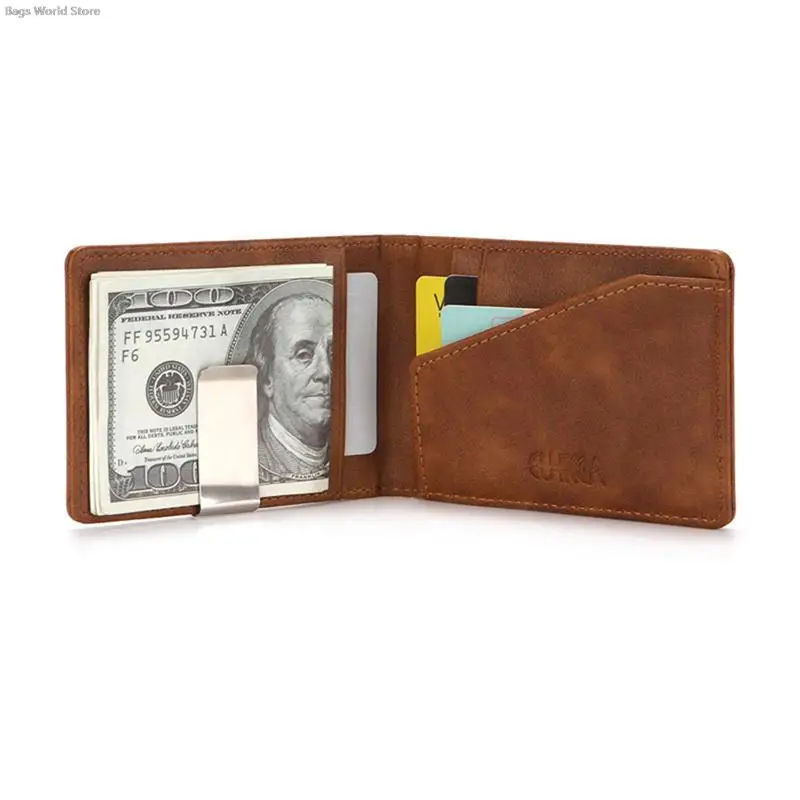 1pc Fashion Men PU Leather Bifold Money Clips Multi functional Thin Metal Clamp Wallet Card Holder