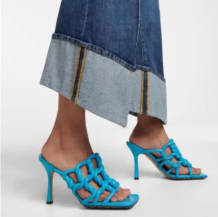 

Summer Women Sky Blue Gold Leather Hand Made Braided Square Open Toe Hollow Cuts Out Thin Heels Slip On Slippers Sandals Shoes