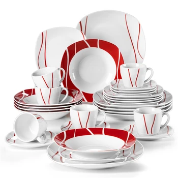 MALACASA Felisa 30-Piece Porcelain Dinnerware Set – Red Stripes, Service for 6 1