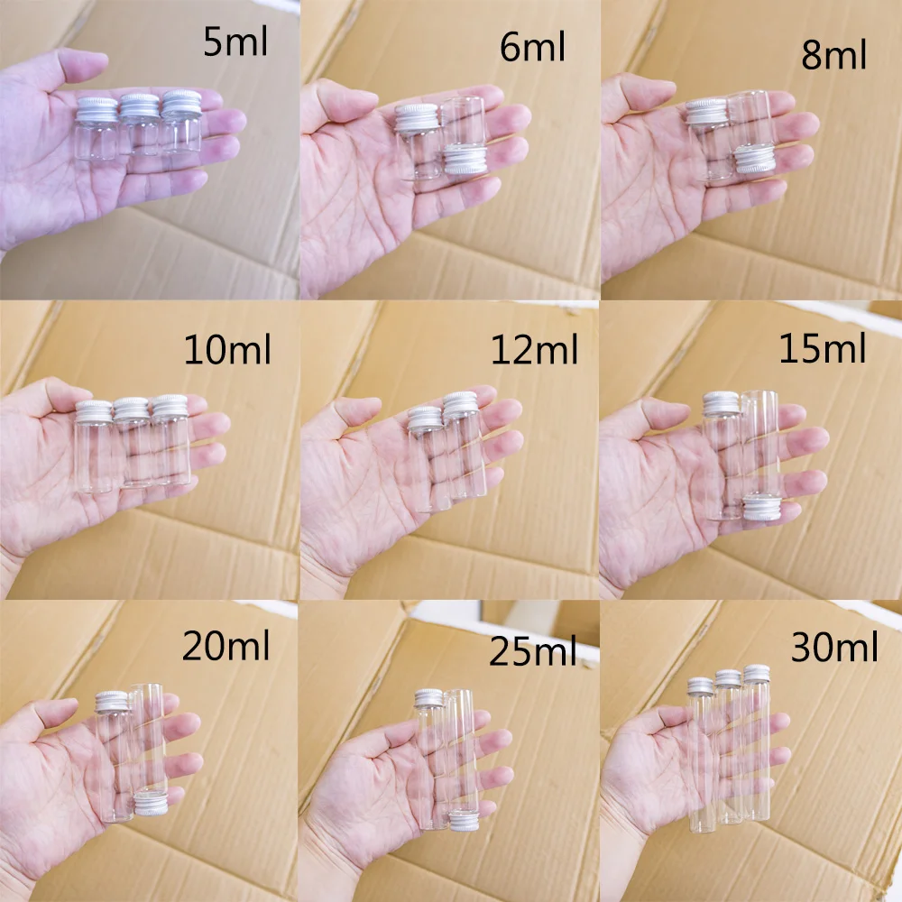 100pcs Jars Crafts Glass Bottles with Aluminium Cap Liquid Bottles Empty Glass 5ml 6ml 7ml 10ml 14ml 15ml 20ml 30ml Vials Jars 5