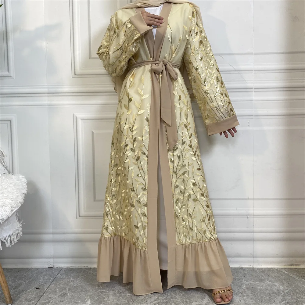 

Ramadan Dubai Women Kimono Cardigan Lace Dress Embroidery Muslim Abayas Turkey Kaftan Jalabiya Longue Femme Musulmane Vestidos