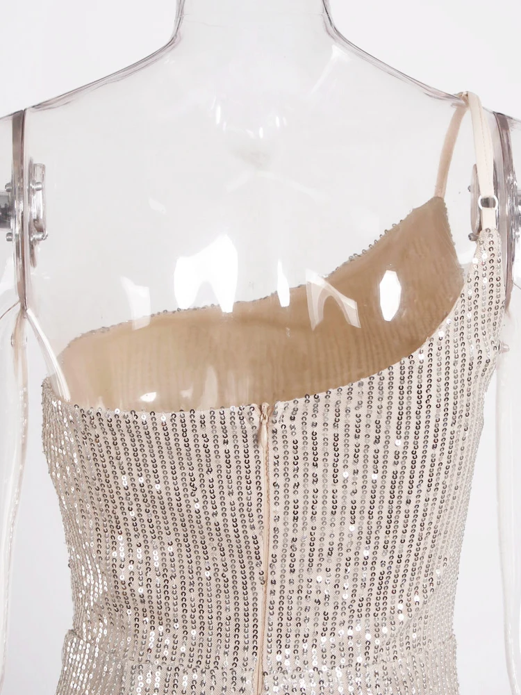 One Shoulder Abend party Maxi kleid Split rücken frei ärmellose Marine Silber Pailletten Nacht Ballkleid – Detail 16