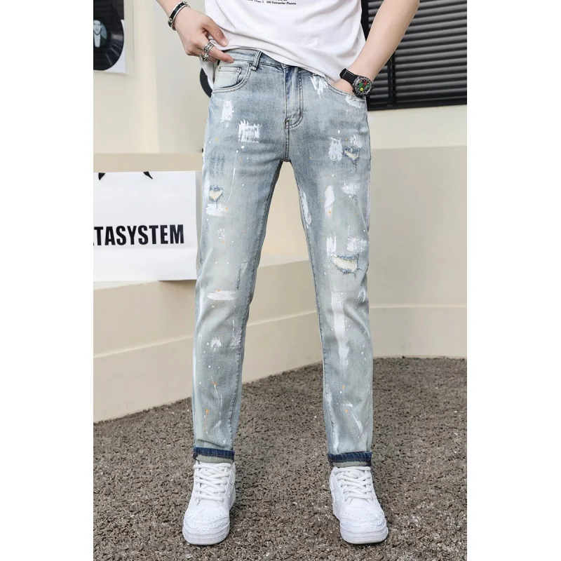 

2024new fashion spray paint splash-ink design jeans men's ripped men's stretch comfortable slim fit skinny high-end trousers