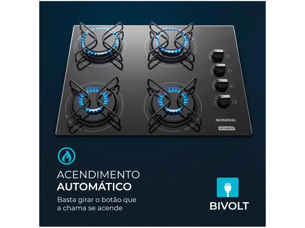 Cooktop 4 Bocas Mondial a Gás GLP Preto - Bivolt 6