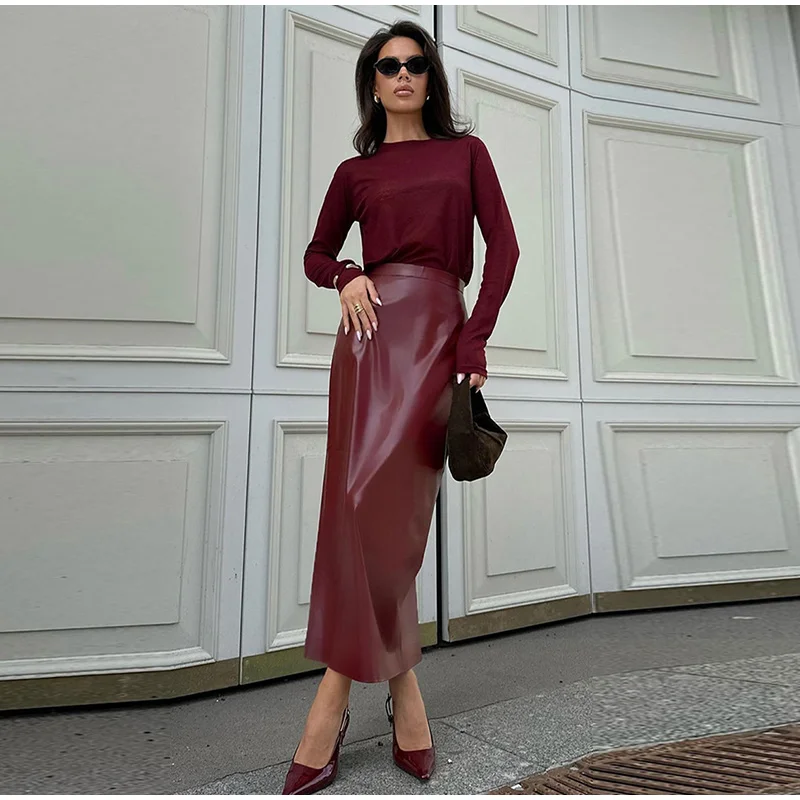 Fashion Burgundy Red Leather Skirt Slim Fit Hip Package Split Skirts Female Autumn Winter Commuting High Street Outwear