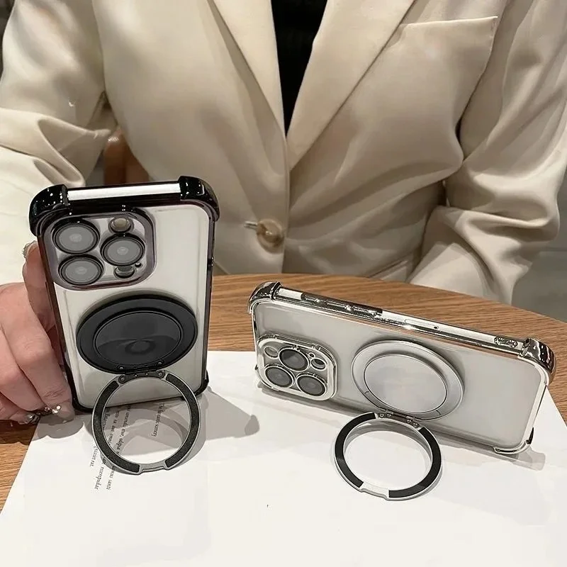 Luxury Plating Edge Transparent Case with Magnetic Holder and Anti-Drop Protection