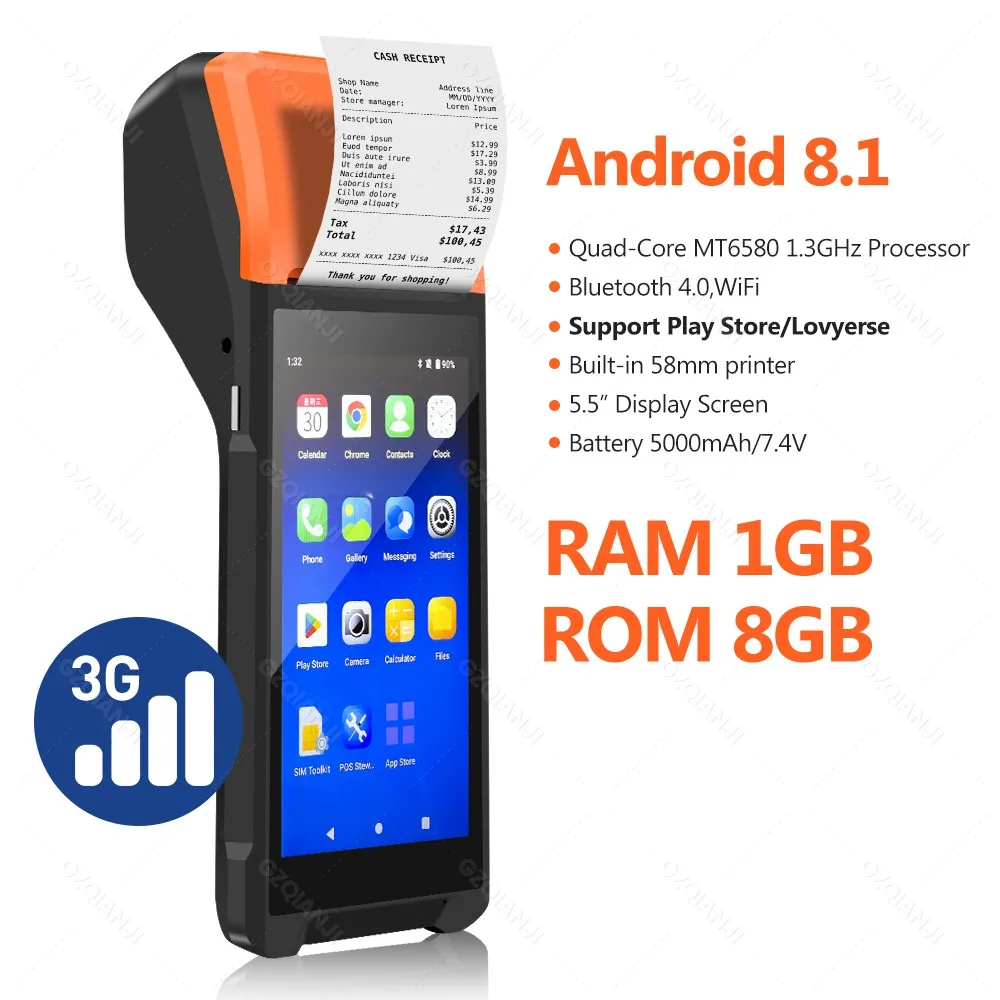 thumbnail image 1 of Terminal POS portátil Android 13/8.1 3G 4G con impresora térmica de 58 mm, escáner 1D 2D, lector NFC, RAM 3 GB, ROM 32 GB, dispositivo móvil, 1 of 5