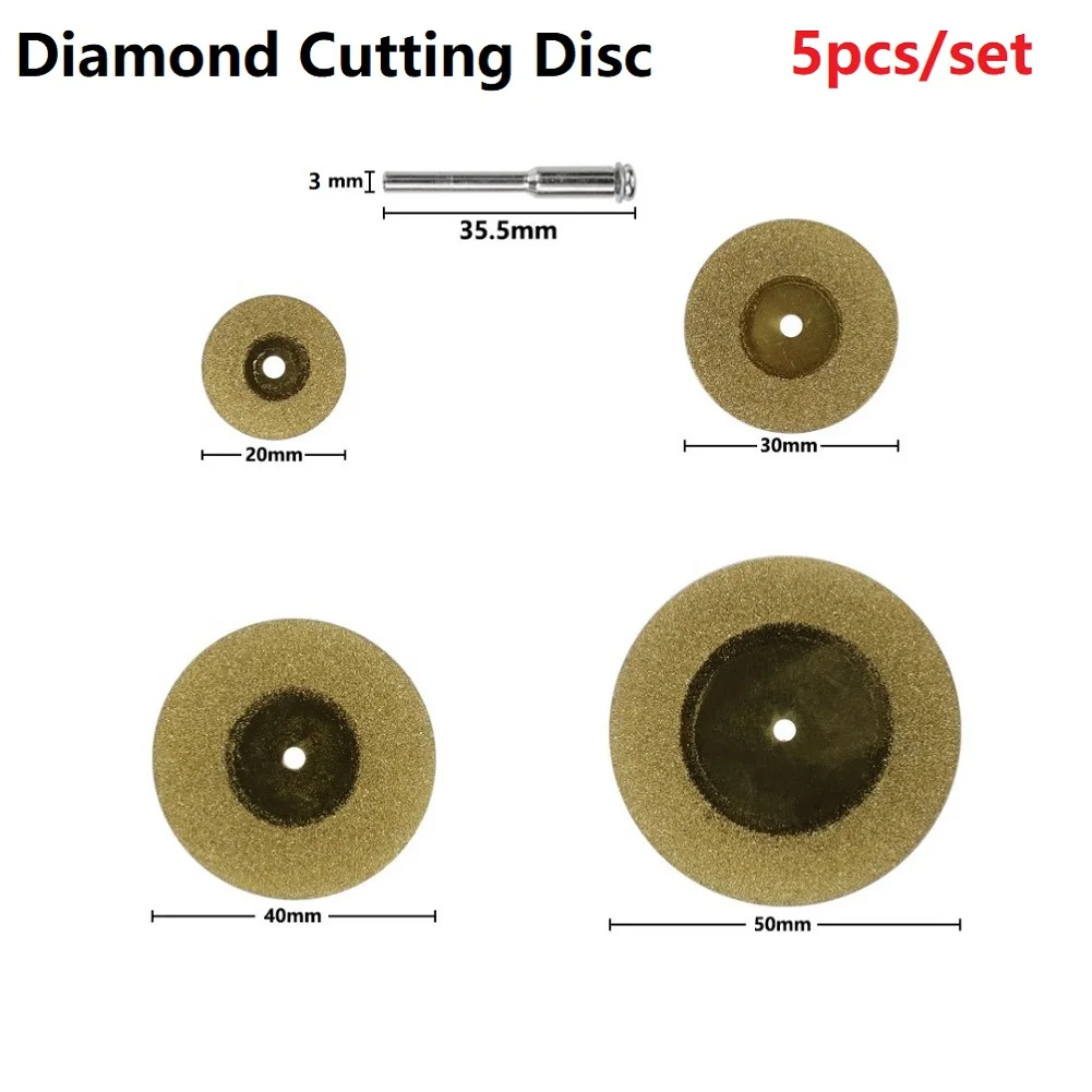 5pcs Mini Diamond Cutting Disc For Dremel Rotary Tools Accessories TiN Coated Circular Saw Blade With 3mm Shank Mandrel