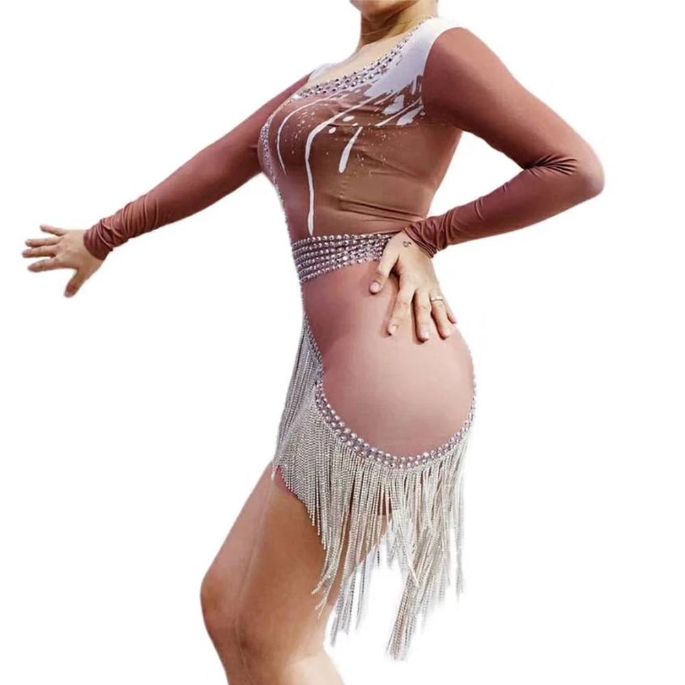 

Long Sleeve Silver Chain Tassel Short Dresses Skinny Stretch Halter Women Dresses Nightclub Costumes Birthday Party Outfit