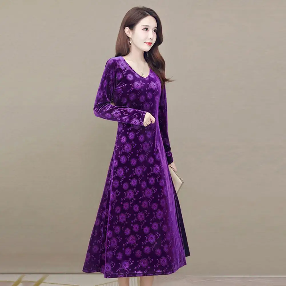 

Women Midi Dress Vintage Printed Midi Dress A-line Slim Fit Long Sleeve V Neck for Fall Winter Fashion Women Slim Fit Dress