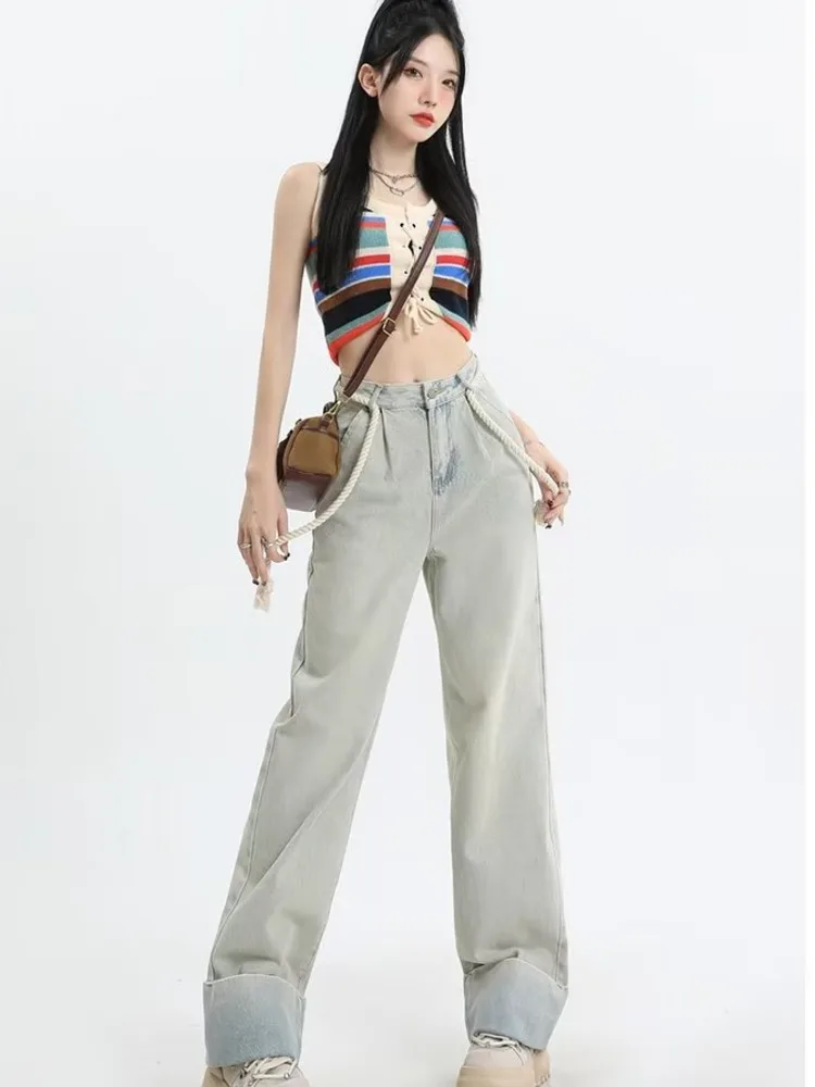 

Retro Vintage Vintage Straight Leg Jeans, Summer Loose Fit, Slimming Wide Leg Pants, Cuffed Floor Length Pants