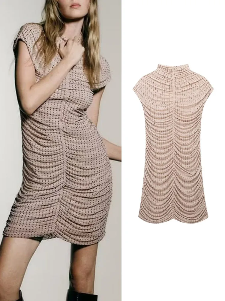 

TRAF New Ladies Sequins Pleated Dresses 2023 Summer Elegant Sleeveless Slim Party Mini Party Dresses Vintage O-neck Folds Dress
