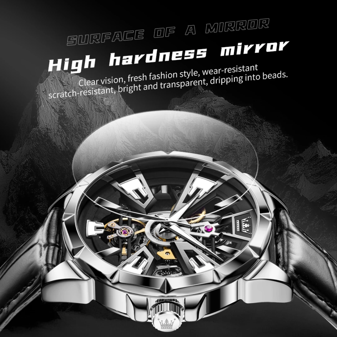 OLEVS 7051 Mechanical Fashion Watch Gift Genuine Leather Watchband Round-dial Wristwatch Luminous