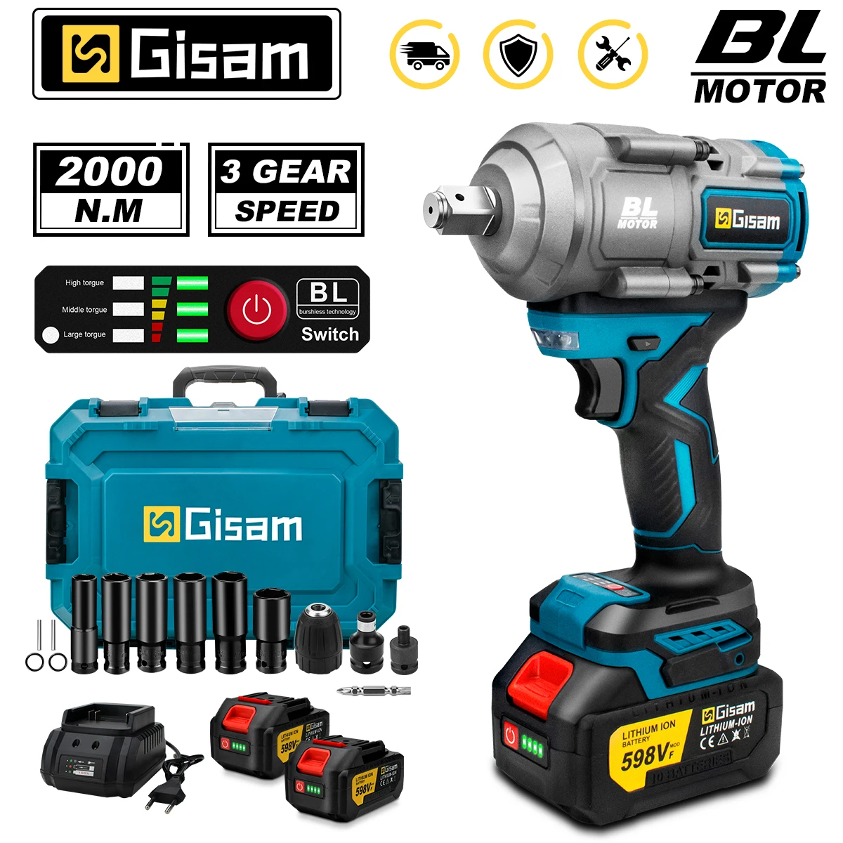 GISAM Brushless Electric Impact Wrench, 2000N.m torque 1/2 inch cordless wrench screwdriver power tool, compatible with Makita 18V battery pin