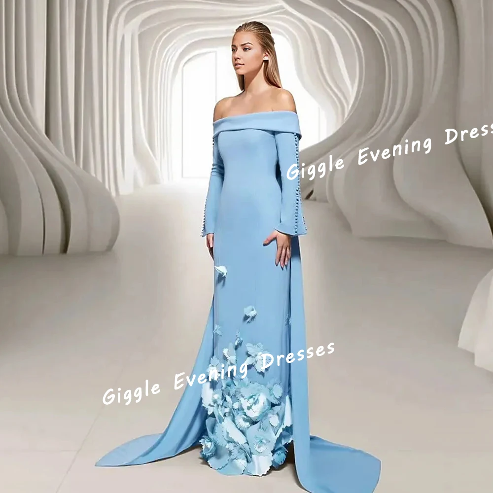 

Giggle Crepe Appliques Boat Neck Elegance Prom Gown Saudi Arab Close-Fitting Floor-Length Evening Party Dresses for Women 2024