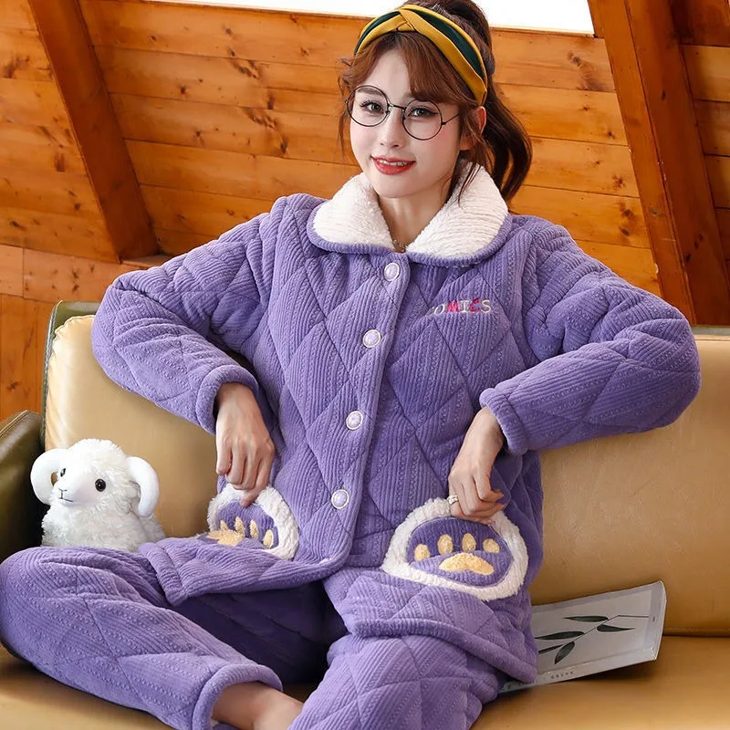 2023 New Pajamas Women Winter Three Layers Thickened Cotton Loungewear Coral Velvet Flannel Warmth Autumn Suitable Homewear