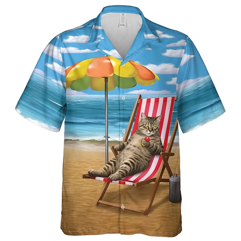 Men Animal Funny Cat 3D Print Short Sleeve Casual Blouse Single-Breasted Hawaiian Shirt Cat Top
