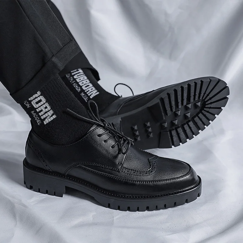 

men casual business wedding formal dress platform shoes lace-up carving brogue shoe black trendy original leather footwear male