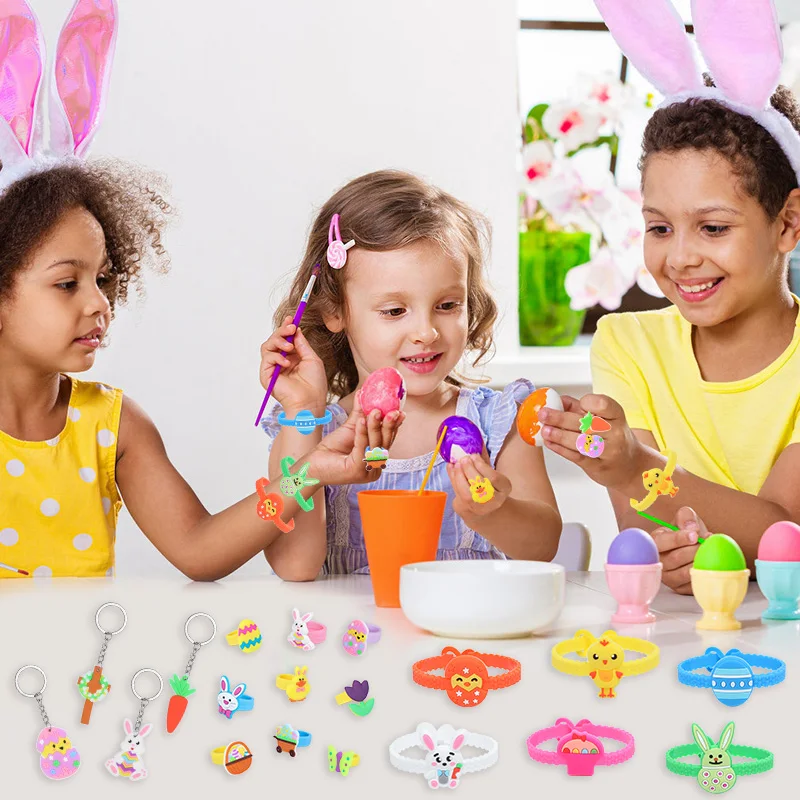 Easter Rabbit Eggs Wristband Silicone Ring Keychains Kids Happy Easter Birthday Party Gift Favors Goodie Bag Basket Filler Toys