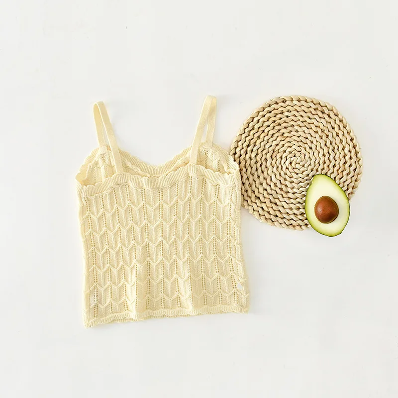 New girls hollow knitted jacquard halter top Korean baby summer foreign style versatile lace Camisoles