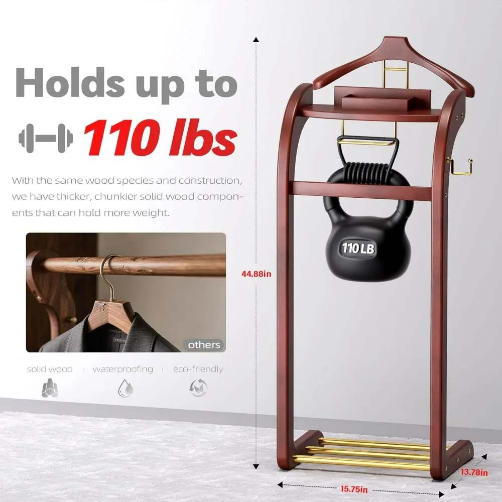 Men's Wooden Valet Stand with Contoured Hanger, Base, Tray, Trouser Rack, and Tie Holder