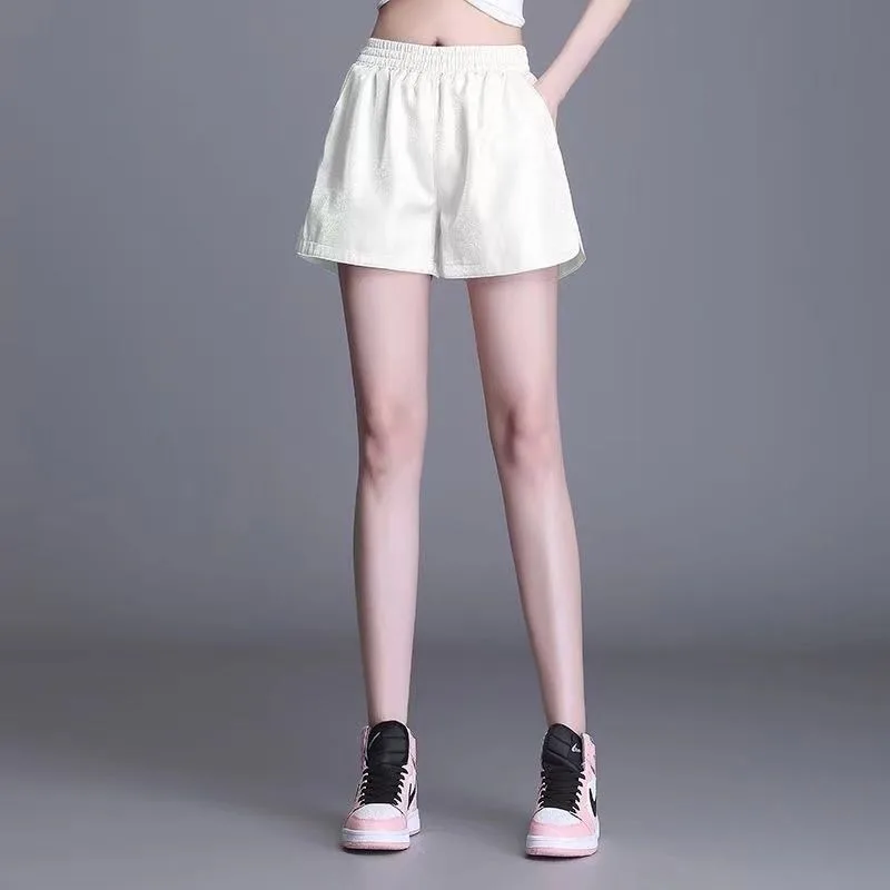 Elastic Waist Ice Silk Women's 2024 Summer Leisure Sports Outwear Versatile Large Size Loose Fashion Bright Silk Shorts