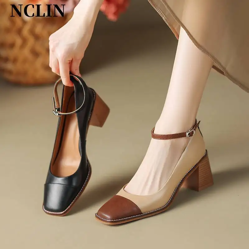 

2024 New Spring/Autumn Genuine Leather Women's Shoes Ankle Buckle Straps Round Toe Mixed Color Summer Women Pumps Med Heels