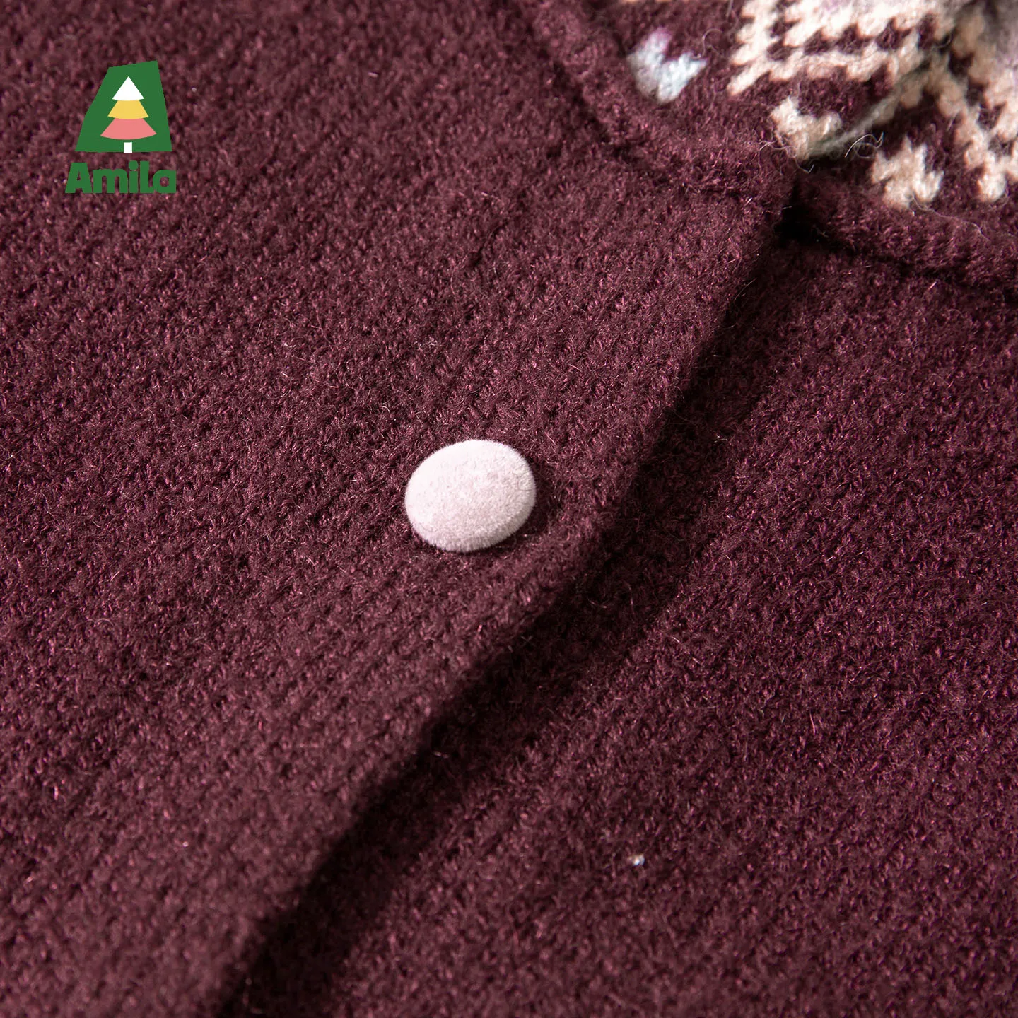 아밀라 키즈 2025 겨울 여아 노르딕 스타일 니트 가디건 레트로 기하학 패턴 자카드 두꺼운 따뜻한 피부 친화적