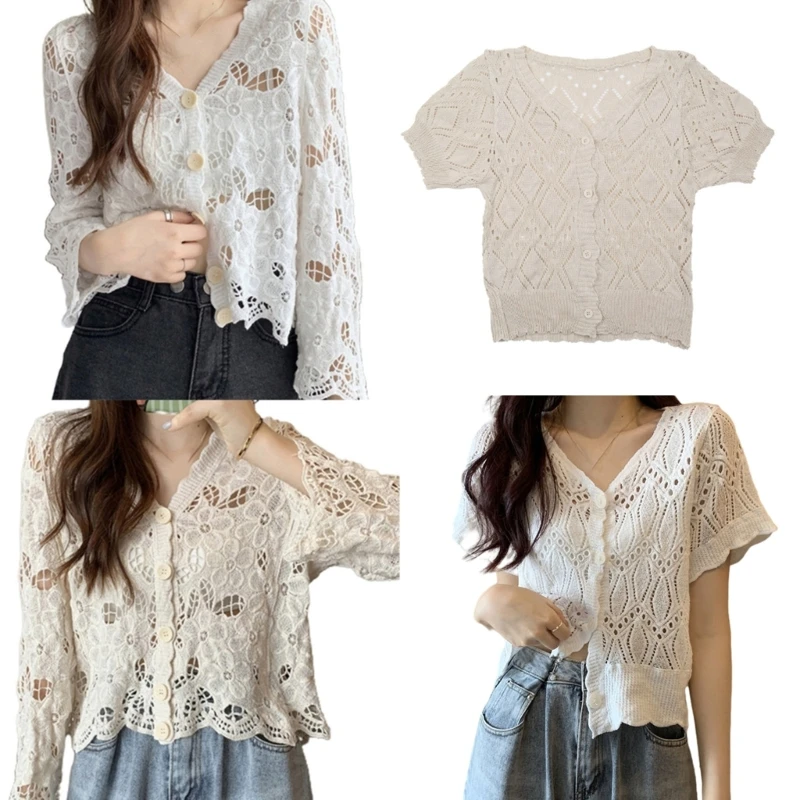 

Women Crochet V-Neck Cropped Cardigan Hollow Out Knit Floral Button Sweater Coat Dropship